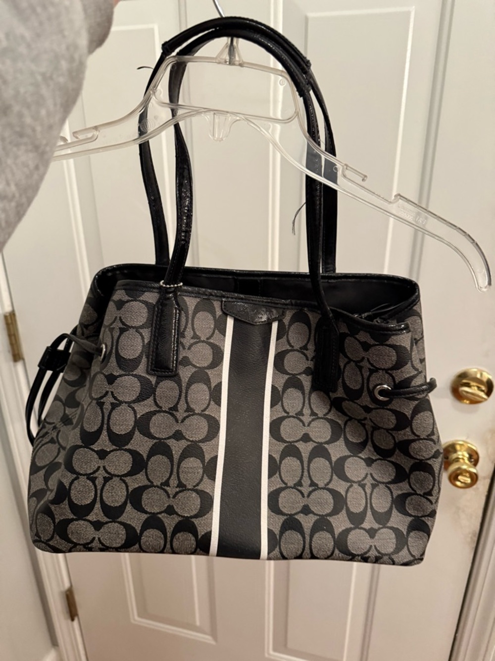 Coach Black and Gray Signature Stripe Shoulder Bag